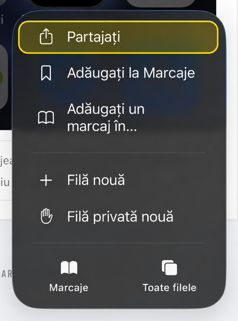 Meniu Safari: opțiunea Partajați evidențiată